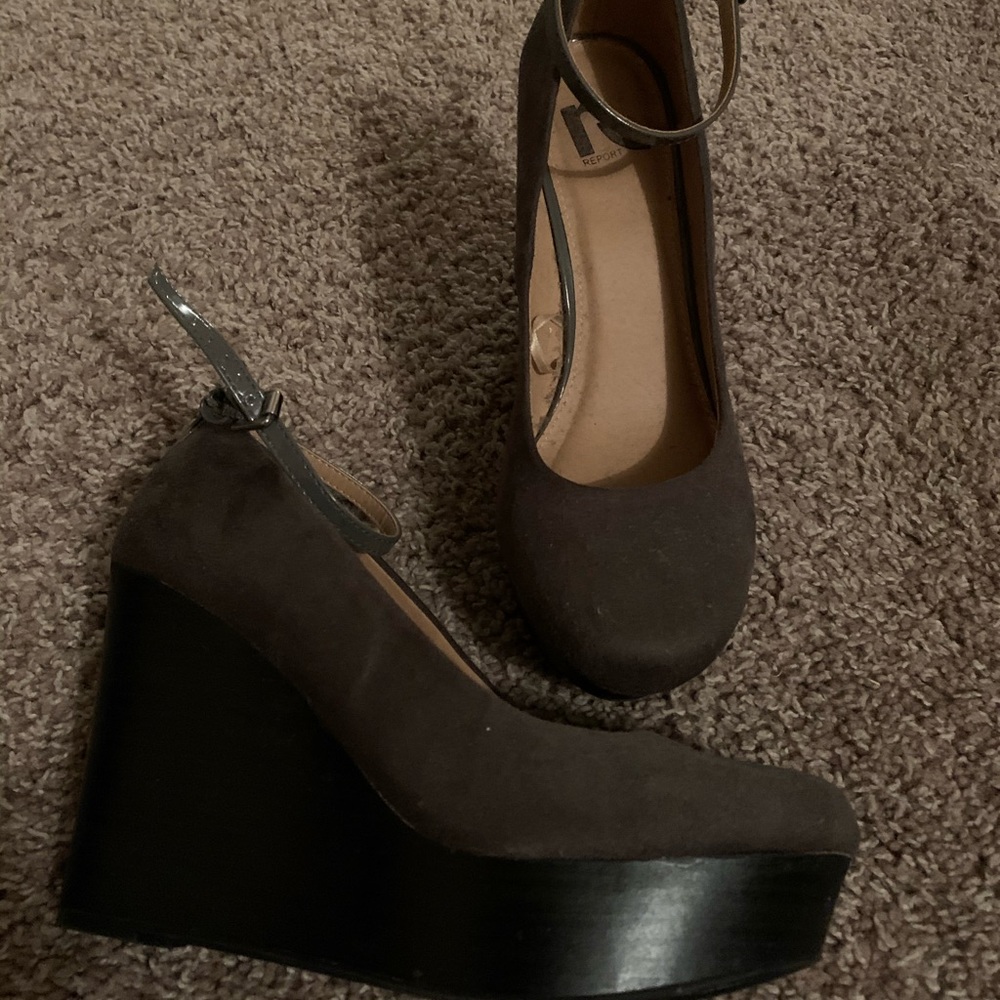 Grey ankle strap wedges